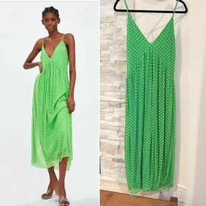 Zara Green Polka Dot Mesh Lace Pleated Midi Strappy Summer Dress